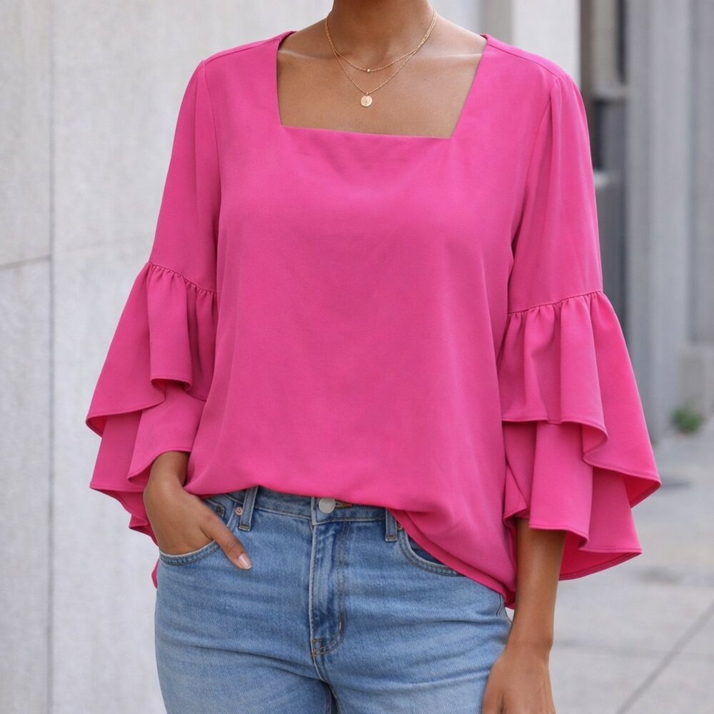 CROSBY by Mollie Burch Fuchsia Pink Square Neck Ruffle Sleeve Blouse